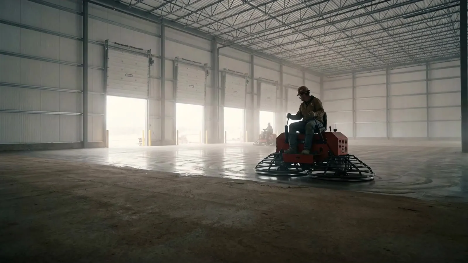 A red ride-on power trowel finishing a vast freshly poured concrete floor inside a large warehouse
